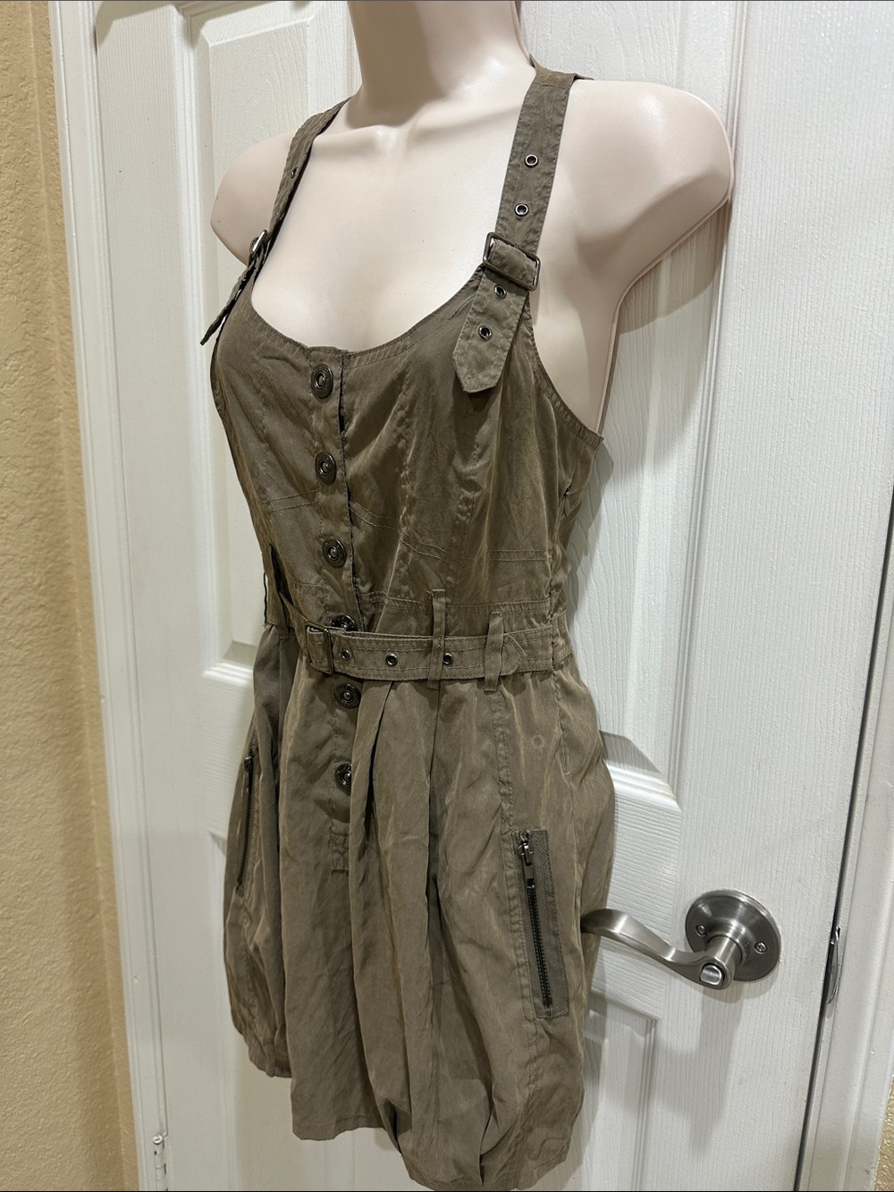 Olive Button-Front Utility Sundress - Picture 4 of 10